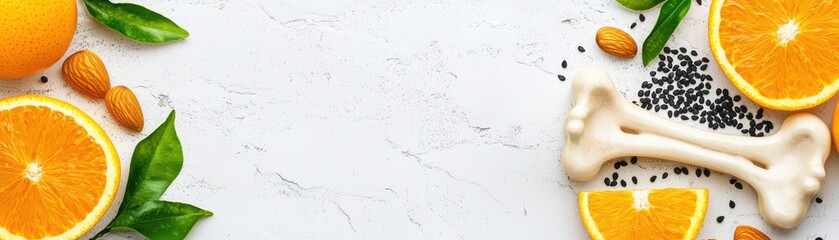 Healthy Concept with Almonds, Bone Shape, Orange Slices, and Green Leaves on White Background