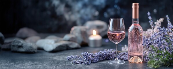 Bottle of rose wine and a glass with lavender flowers, stones and candle. Romantic evening setting. Food photography for advertising, blog, web banner.