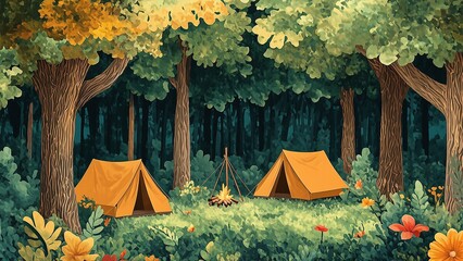 Camping scene with tents and a campfire, nestled among trees and wildflowers, evokes a sense of nature and outdoor adventure.