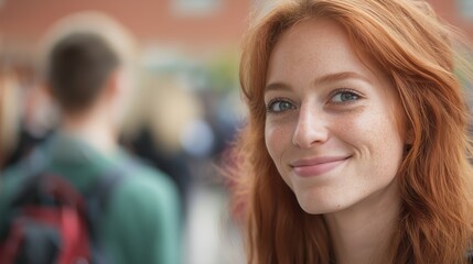 Fototapeta premium Smiling young woman with red hair, blue eyes looking at camera, blurred background, student lifestyle.