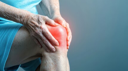 Fototapeta premium Elderly Woman Holding Her Knee in Pain, Illustrating Health Challenges and Mobility Issues