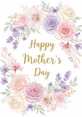 Happy Mother's Day floral wreath with roses and lilies. Elegant design with calligraphy for card, banner, poster, flyer. Spring holiday concept with copy space.