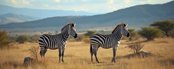 Two zebras stand in Kenyan savanna with mountains at horizon. Striking stripes contrast against backdrop of grassland hills, clear blue sky. Serene environment evokes tranquility, connection nature,