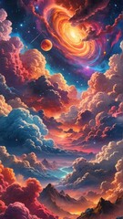 Cosmic sky with swirling nebula over mountain peaks. Fantasy, celestial design perfect for space, dreamlike, or spiritual themes.