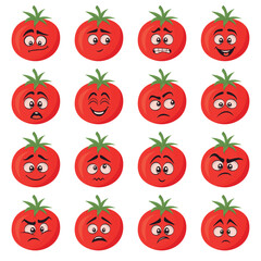 Vector Tomato Face Expressions Set. Cartoon Tomato Characters, Different Emotions. Cute Faces Collection, Funny Mood. Happy, Angry, Sad, Surprised, Laughing, Crying Tomato Faces