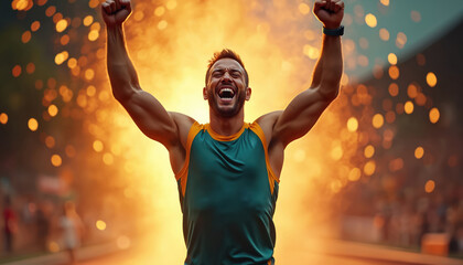 Athletic sportsman runner wins race, crosses finish line with raised arms. Joyful man celebrates victory, achieve goals in competition. Happiness, success, accomplishment, healthy lifestyle, triumph.