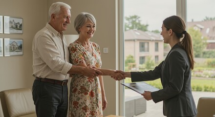 Senior couple shaking hands with a real estate agent after signing a contract. Buying new home, investment, mortgage, loan concept for advertising, blog, web banner