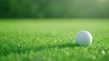 Sunny golf course, close-up of a white golf ball resting on lush green grass, perfect for sports-themed designs or promotions.