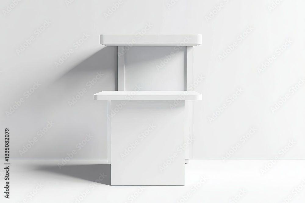 Poster modern minimalist white display stand two shelves blank product showcase empty retail counter simple