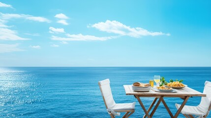 Elegant Luxury Dining Table Set Against Stunning Ocean View with Clear Blue Sky and Serenity