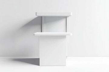 Modern Minimalist White Display Stand Two Shelves Blank Product Showcase Empty Retail Counter Simple Clean Design Studio Photography Background       