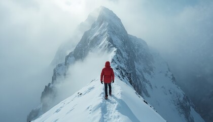 Solitary climber walks snowy mountain ridge. Red jacket figure surrounded by mist, clouds. Winter adventure, exploration, solitude. Scenic landscape featuring snow-capped peaks, alpinism, wintery,
