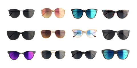 Pack Realistic Sunglasses in Different Styles on Transparent Background for Fashion, Accessories, or Summer Branding