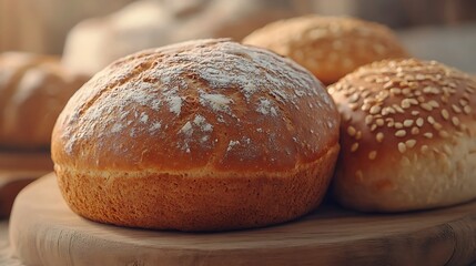 Several loaves of freshly baked artisan bread are displayed closely