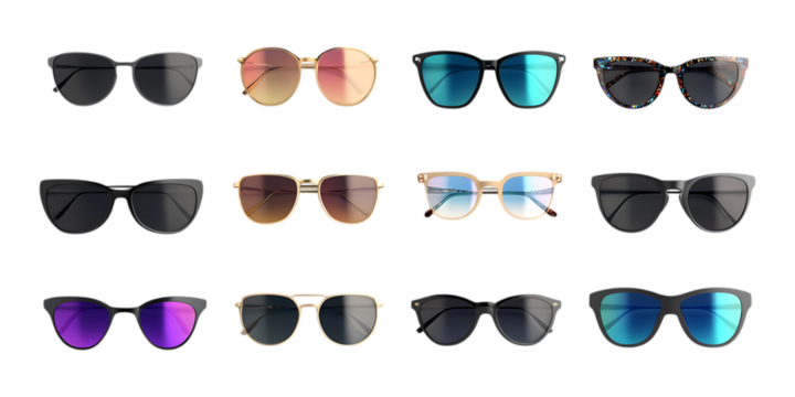 Pack Realistic Sunglasses in Different Styles on Transparent Background for Fashion, Accessories, or Summer Branding - Powered by Adobe