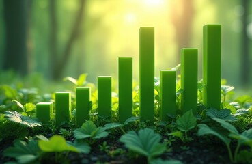 Fluctuating green bar charts among plants on soil, growth forest background. Investment in eco projects, green energy, nature conservation, sustainable development. Chart show positive trend of