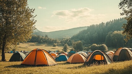 Camping tents gather in a grassy field nestled near a lush forest and rolling hills under a soft sky.