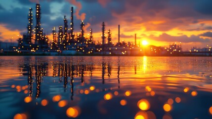 Obraz premium Industrial sunset oil refinery landscape photography water reflection evening urban environment