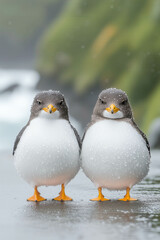 Obraz premium Two adorable penguins with dewy feathers standing on wet pathway