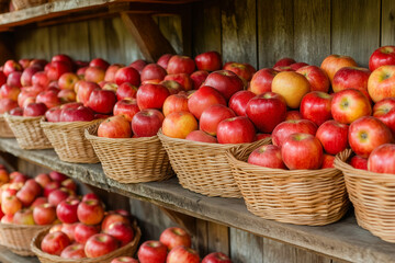 Fresh red apples in wicker baskets on rustic wooden shelves