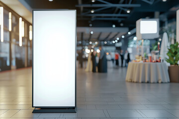 Vertical LED advertising board with white screen in wedding banquet hall, modern event venue with blurred background, ideal for branding, promotional display, mockup, and commercial advertising
