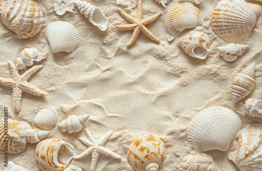 Poster Top view of sand with shells and starfish on it, creating an ocean-inspired backdrop for summer designs. The composition is symmetrical with copy space, perfect as a background or banner design.