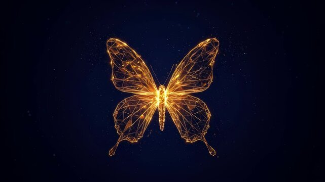 A butterfly formed from glowing amber polygons, floating in a deep indigo void with a faint cluster of tiny white specks