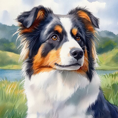 Fototapeta premium hand drawn portrait of Australian Shepherd with serene outdoor background