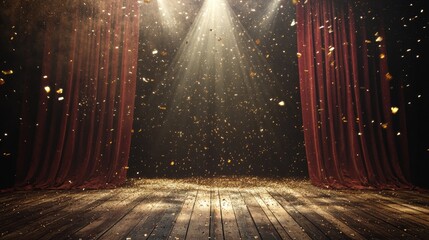 1. **Theater background with red stage, curtain, bright lights, and falling gold confetti.**