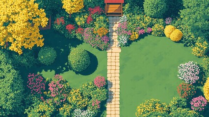 Aerial view of a lush green garden featuring a stone pathway lined with colorful flowers and manicured shrubs.