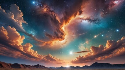 Naklejka premium Cosmic sky with swirling nebula over mountain peaks. Fantasy, celestial design perfect for space, dreamlike, or spiritual themes.