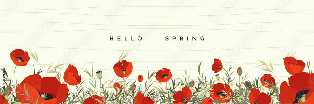 Fototapete hello, spring. spring background with poppies. hand-drawn floral background with red poppies. a fiel