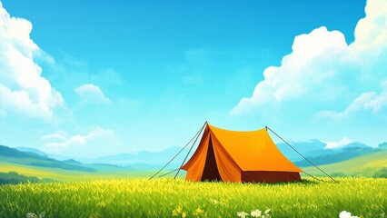 Bright Orange Tent Camping in Lush Green Meadow with Clear Blue Sky for Beltane Holiday.