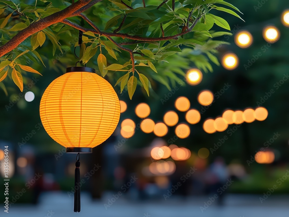 Poster illuminated paper lantern hanging from a tree amidst glowing bokeh lights in a park