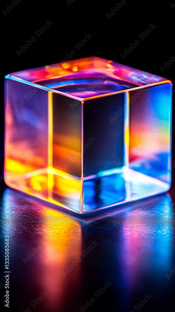 Poster a vivid glass block shines with colorful light, displaying unique textures and patterns in a softene