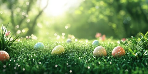 Colorful decorated eggs hidden in lush grass under bright sunlight in a serene garden setting during springtime