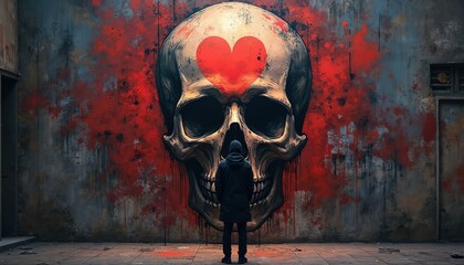 Man stands before graffiti skull mural wall with red heart. Guy surrounded by vibrant urban art textures contemplates scene. Modern high-colored design statement against building wall in city, street