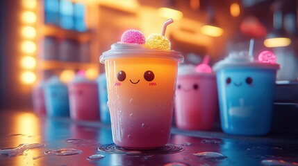 Cute Kawaii Drink with Smiley Face and Colorful Toppings