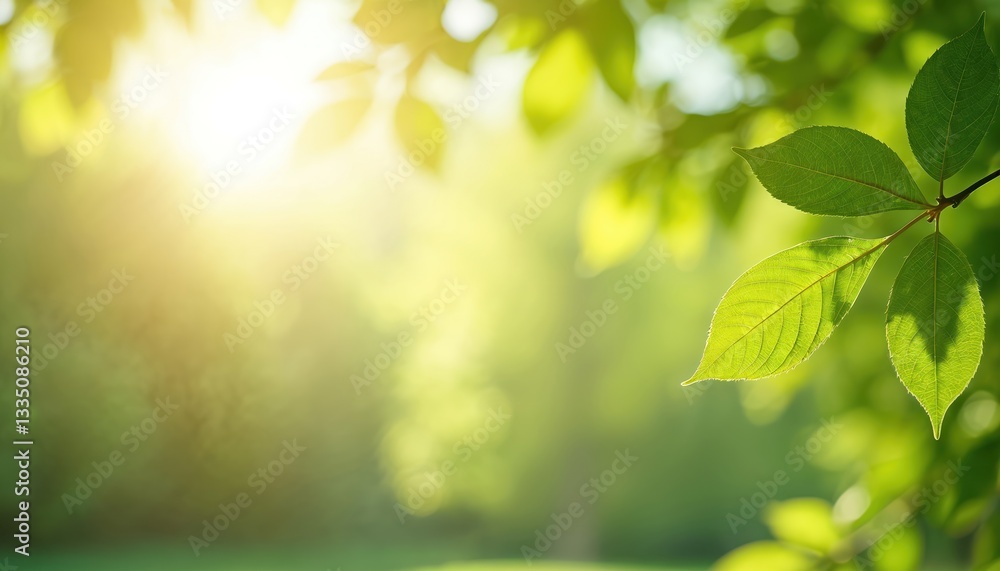 Aufkleber sunshine through blurred green trees, empty summer background with defocused lights. spring nature d