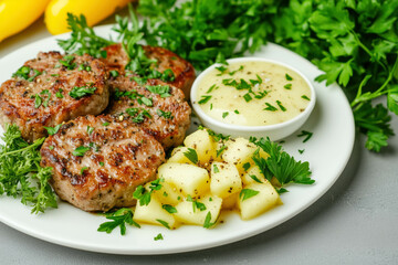 Delicious grilled pork patties with apples and mustard sauce on white plate