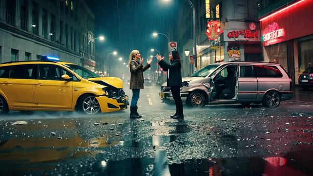 A dramatic scene unfolds as two distressed individuals stand next to a car accident on a rainy city street. The wet road reflects the flashing emergency lights, heightening the tension and urgency. 