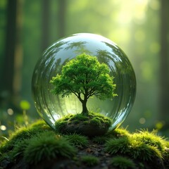 Green planet concept green tree in glass shell with forest green plants around. Earth globe ecosystem. Sustainable recycling, reusing, protect, save energy. Ecology protection, environmental