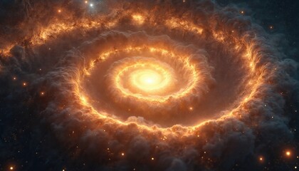Fototapeta premium Majestic spiraling galaxy glows with gold light and cosmic dust. Swirled structure of infinite cosmos, universe filled with bright stars. Astronomy, science, nature and mystery concepts.
