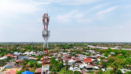 Telecommunication tower of 4G and 5G cellular. Antenna transmission communication. Cell phone signal base station.