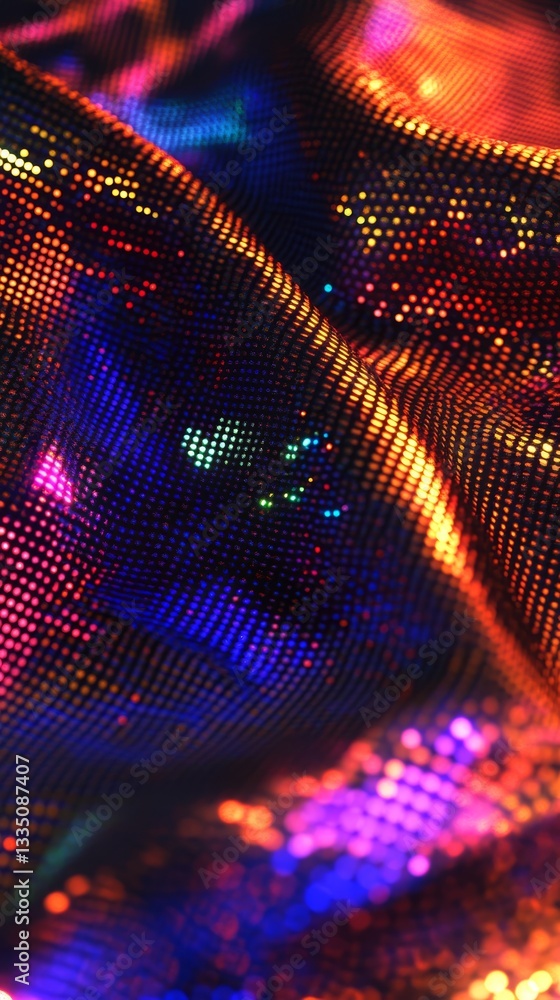 Poster a dynamic abstract pattern with waves of colorful dots, generating a visually stunning digital lands