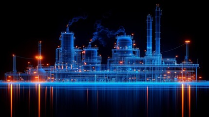 Power generation action at industrial plant futuristic design night setting reflective water dynamic environment