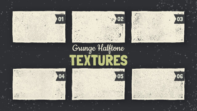 6 Grunge Halftone Textures. Dirty Background. Concrete Wall Scratched Material. Vintage Wallpaper Concept. Retro Rough Dots