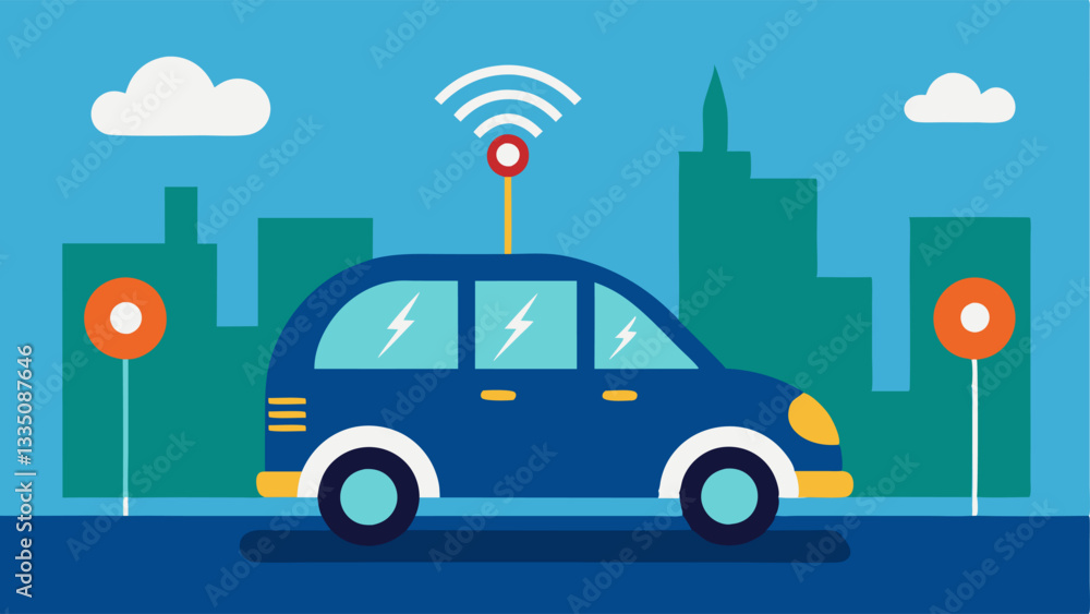 Poster selfdriving vehicle a compact autonomous car with various sensors on its body driving along a city s
