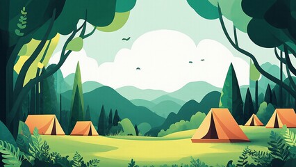 Camping tents nestle in a green forest clearing, beneath mountains and a bright, cloudy sky.