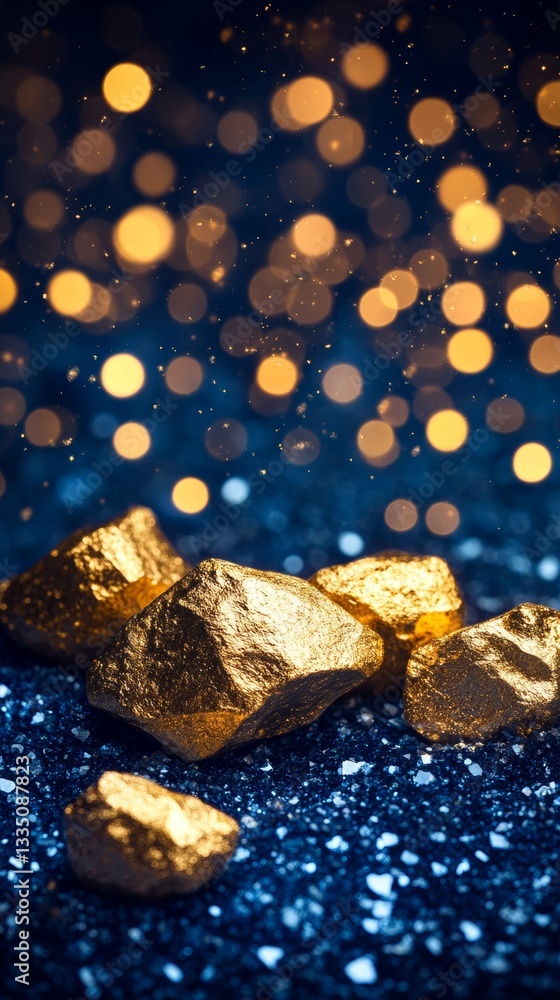 Poster a close-up view of a luminous golden mineral, framed by shimmering particles, creating a visually en